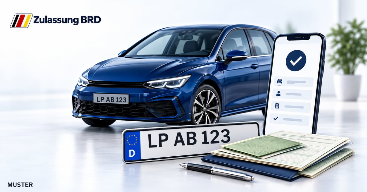 Online Fahrzeugzulassung in Welver: Musterkennzeichen LP AB 123, Auto und Fahrzeugpapiere und Smartphone. Illustration mit Logo von Zulassung BRD.